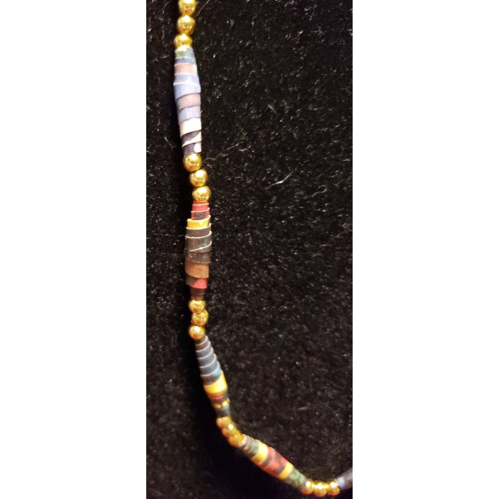 Vintage Paper Rolled And Gold Color Bead Necklace, 14 Inch, Boho Accessory